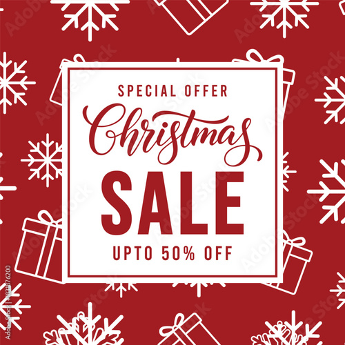 Festive red Christmas sale banner with circular badge, gift box line icons and snowflake pattern, promotional holiday background template for winter retail discounts and special offers, up to 50 perce