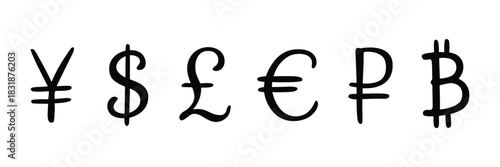 Hand Drawn International Currency Symbols Vector Set Featuring Yen, Dollar, Pound, Euro, Ruble, and Bitcoin Icons for Financial Illustration and Global Money Design