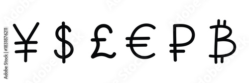Hand Drawn International Currency Symbols Vector Set Featuring Yen, Dollar, Pound, Euro, Ruble, and Bitcoin Icons for Financial Illustration and Global Money Design