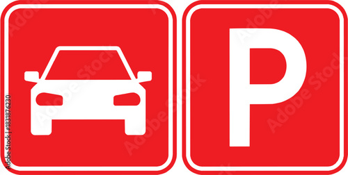 Car and parking sign icon set. Vehicle symbol, parking area signage, and transport navigation graphics for maps and road instructions.