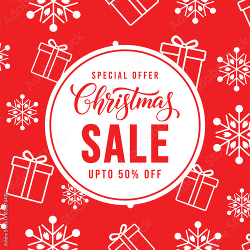 Festive red Christmas sale banner with circular badge, gift box line icons and snowflake pattern, promotional holiday background template for winter retail discounts and special offers, up to 50 perce