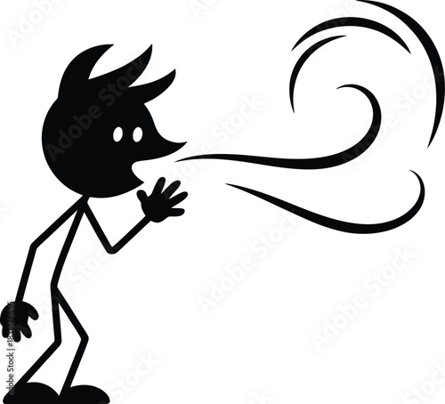 Stick figure blowing a gust of wind depicted in a simple black and white style