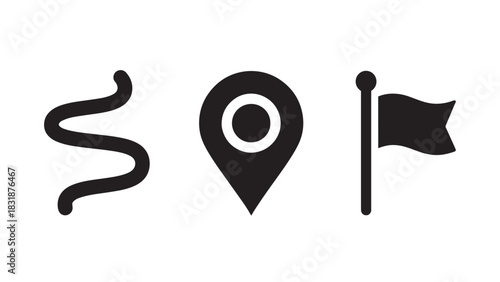 Three dark gray icons representing a wavy line a map pin and a flag isolated on white background