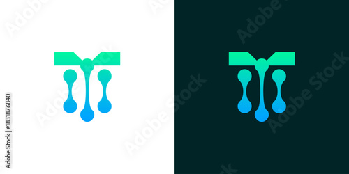 Stylized letter T logo design with a futuristic technology concept featuring connecting data nodes or a molecular network