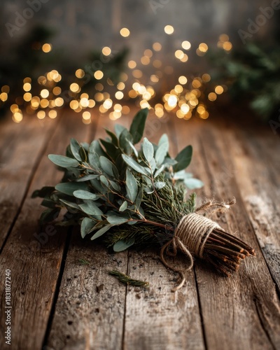 A rustic bouquet of eucalyptus and greenery lies on a wooden table, with blurred golden fairy lights in the background.