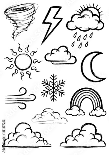 Rough Sketch Weather Icons Collection: Hand Drawn Doodle Symbols Set
