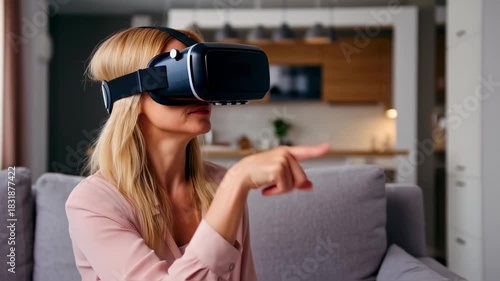A woman wearing a VR headset, pointing. Interior setting, blurred background