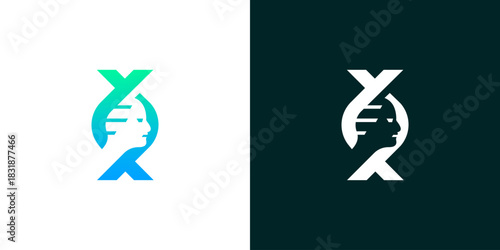Modern abstract human head profile integrated within a stylized DNA double helix, symbolizing genetic research, human identity, intelligence, and scientific biotechnology advancements