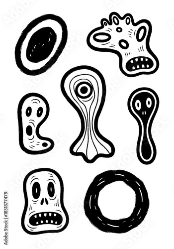 A psychedelic collection of bizarre black and white abstract doodle characters and creepy monsters, hand-drawn with thick bold outlines and rough brush strokes.