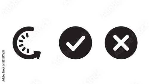Hand drawn black icons representing refresh checkmark and cross symbols isolated on white background