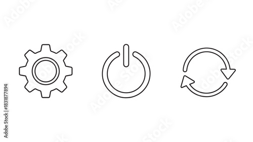 Three simple outline icons representing settings gear power button and refresh or recycle symbol isolated on white background