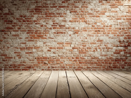 Grunge Brick Wall and Wooden Plank Floor in a Spacious Empty Room with a Unique Perspective