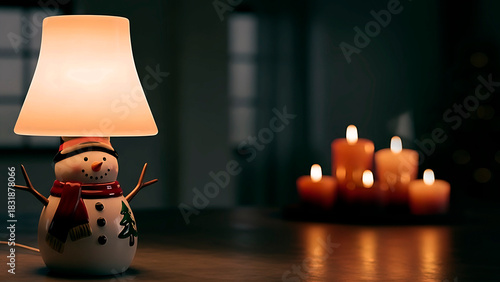 The snowman decided not to melt and become a lamp: Snowman lamp glowing beside decorative candles in dark room  