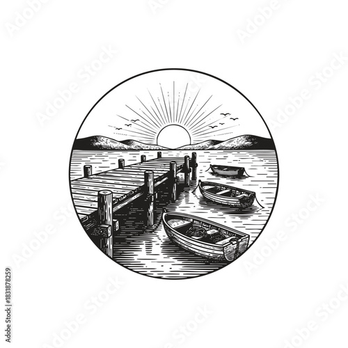 Peaceful vector illustration of a quiet wooden pier on a lake or sea, featuring small fishing boats and a rising sun