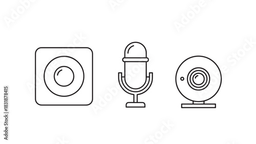 Three simple line art icons representing a speaker microphone and webcam isolated on white background