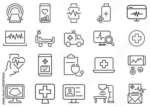 Set of digital healthcare equipment medical icons set. Containing as care, doctor, nurse, pills, clinic, hospital, treatment, sick, medicine and more. Smart medical solutions in vector.