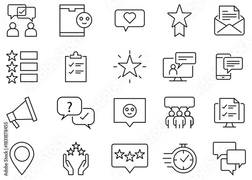 Set of feedback line icon set. Containing questionnaire, data collection, feedback, opinion, customer experience, satisfaction, client satisfaction and more. Customers service satisfaction survey. 