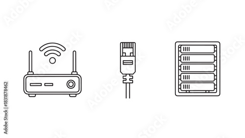 Three network devices including a wireless router ethernet cable and server rack isolated on white background