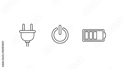 Three simple hand drawn icons representing power plug power button and battery charge level isolated on white background
