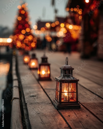 Cozy lanterns line a wooden walkway, with a blurred background of festive lights and a decorated Christmas tree.