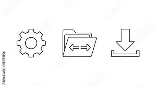 Three simple outline icons representing settings file transfer and download isolated on white background