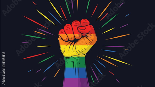 LGBTQ Pride Rainbow Fist Against Dark Background Activism and Equality Symbol