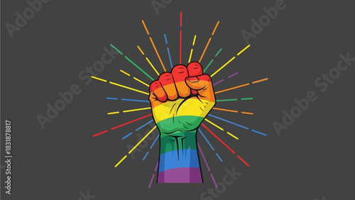 LGBTQ Pride Fist with Rainbow Burst Symbol of Equality and Protest