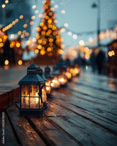 Cozy lanterns line a wooden walkway, with a blurred background of festive lights and a decorated Christmas tree.