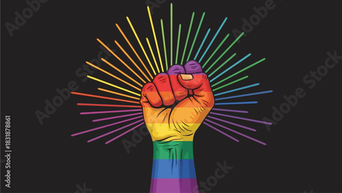 LGBTQ Pride Rainbow Hand with Burst on Black Background