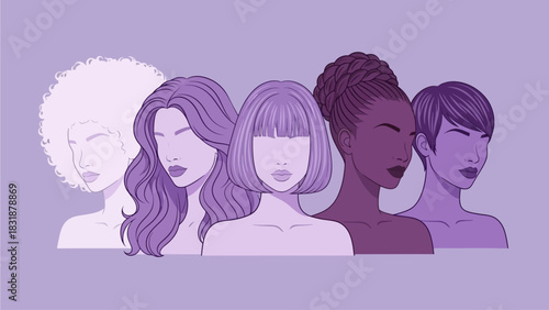 Diverse Women Embracing Beauty and Sisterhood in Elegant Illustration Purple Tones
