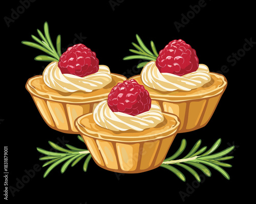 Sweet raspberry cream tartlets with whipped cream topping and fresh rosemary sprig garnish - Vector Illustration