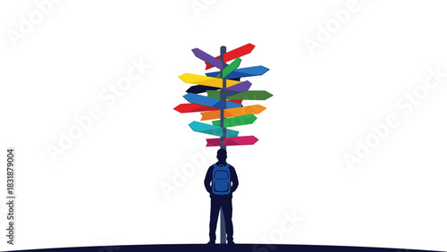 Lost student seeking direction with colorful signs pointing every way, perfect for decisions, choices, and career path metaphors
