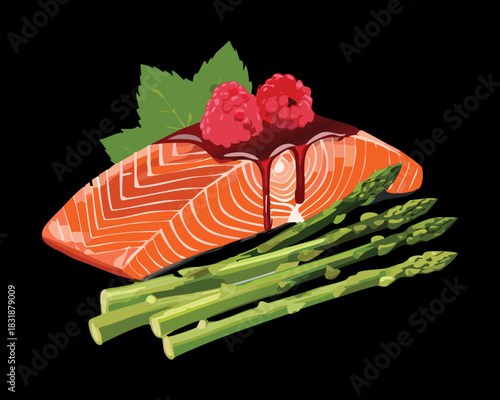 Grilled salmon fillet with asparagus spears and sweet raspberry balsamic reduction sauce - Vector Illustration