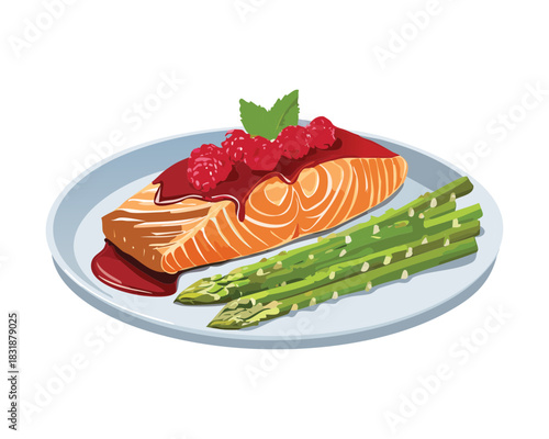 Pan seared salmon fillet with green asparagus and red berry sauce served on a blue plate