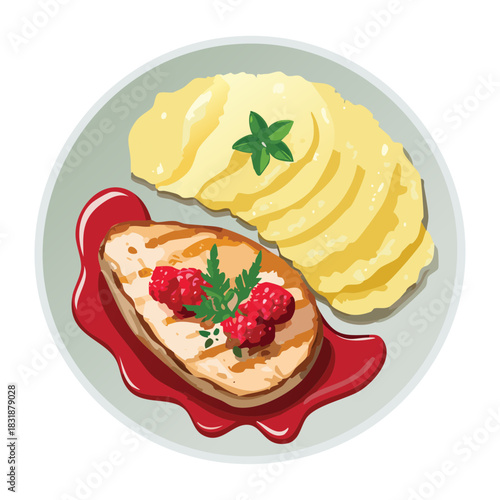 Top view of grilled chicken breast with mashed potatoes and red berry sauce on white plate
