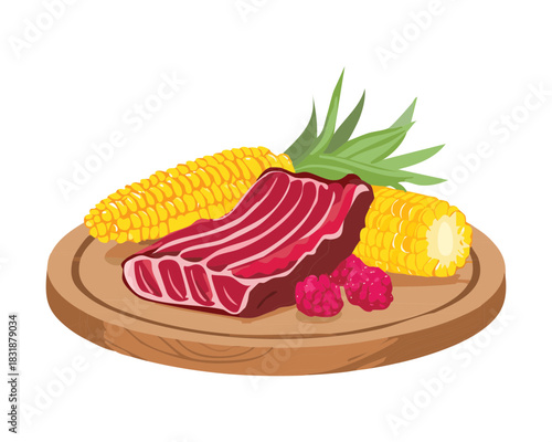 Grilled steak meat served with corn and fresh raspberries on a rustic wooden platter for dinner