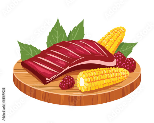 Sliced beef steak with corn on the cob and fresh berry garnish on a wooden serving board