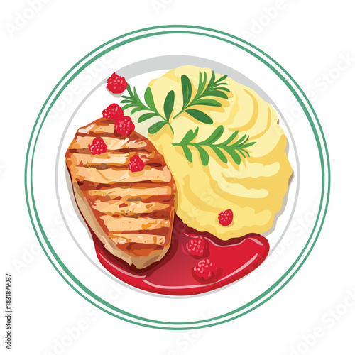 Grilled chicken fillet with mashed potatoes and red sauce served on a circular white ceramic plate