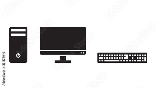 A black silhouette of a desktop computer tower monitor and keyboard isolated on white background