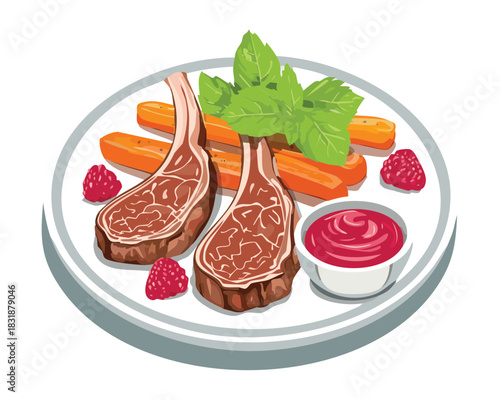 grilled lamb chops with fresh vegetables and red dipping sauce on a round white plate