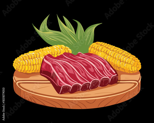 Grilled beef steak with corn on the cob and fresh raspberries served on a wooden board