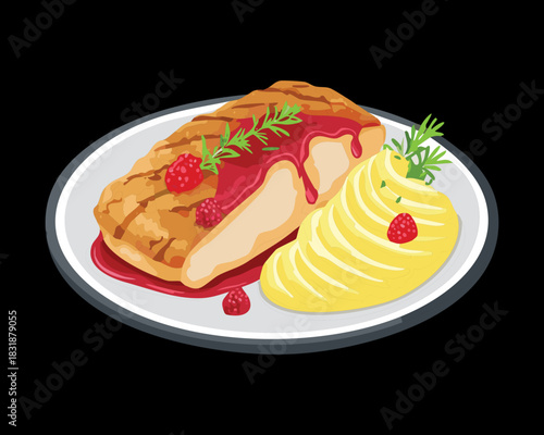 Pan seared chicken breast with mashed potatoes and red berry sauce garnish for gourmet dinner plate