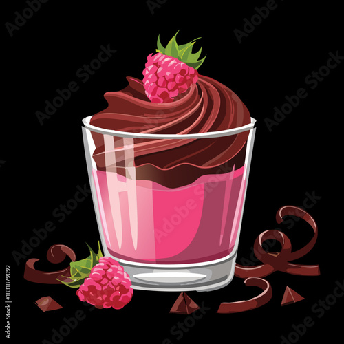 Chocolate mousse in glass topped with fresh raspberry and chocolate curls for elegant sweet treat dessert