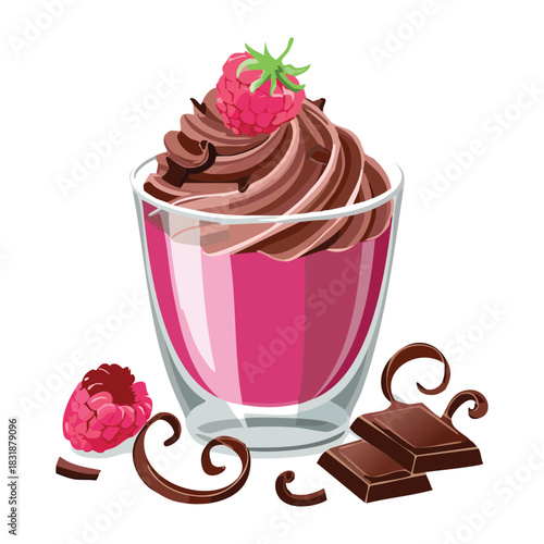 Chocolate raspberry mousse dessert in a glass with fresh berries and chocolate shavings garnish