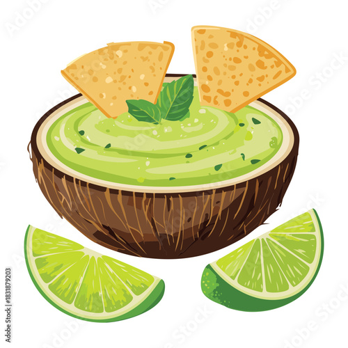 Creamy guacamole dip served in a wooden coconut bowl with crispy tortilla chips and fresh lime slices