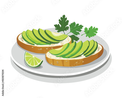 Sliced avocado toast on artisanal bread with lime wedges and parsley garnish for nutritious plant based breakfast