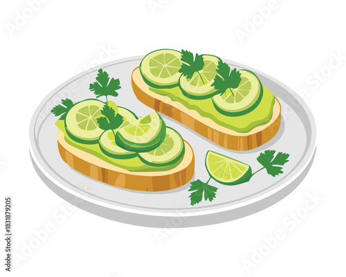 Vegetarian appetizer featuring sliced cucumber and avocado on crusty bread with fresh lime and parsley herbs decoration