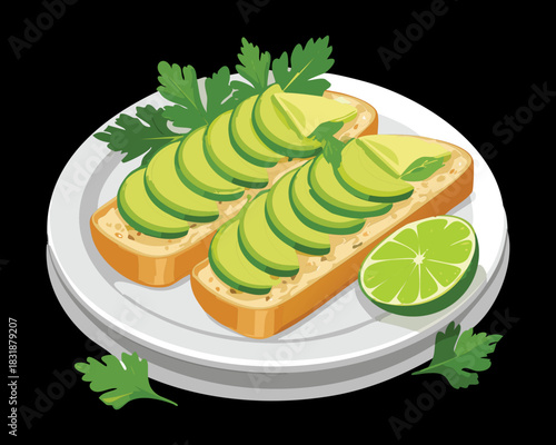 Healthy sliced avocado on toasted bread with lime and parsley garnish served on a classic white plate