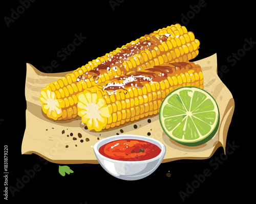 Grilled sweet corn on the cob with red chili sauce and lime wedges on rustic paper wrap background
