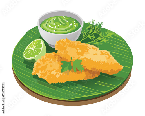 Fried fish fillet served on green leaf with bowl of cilantro dip and lime slices for mexican meal